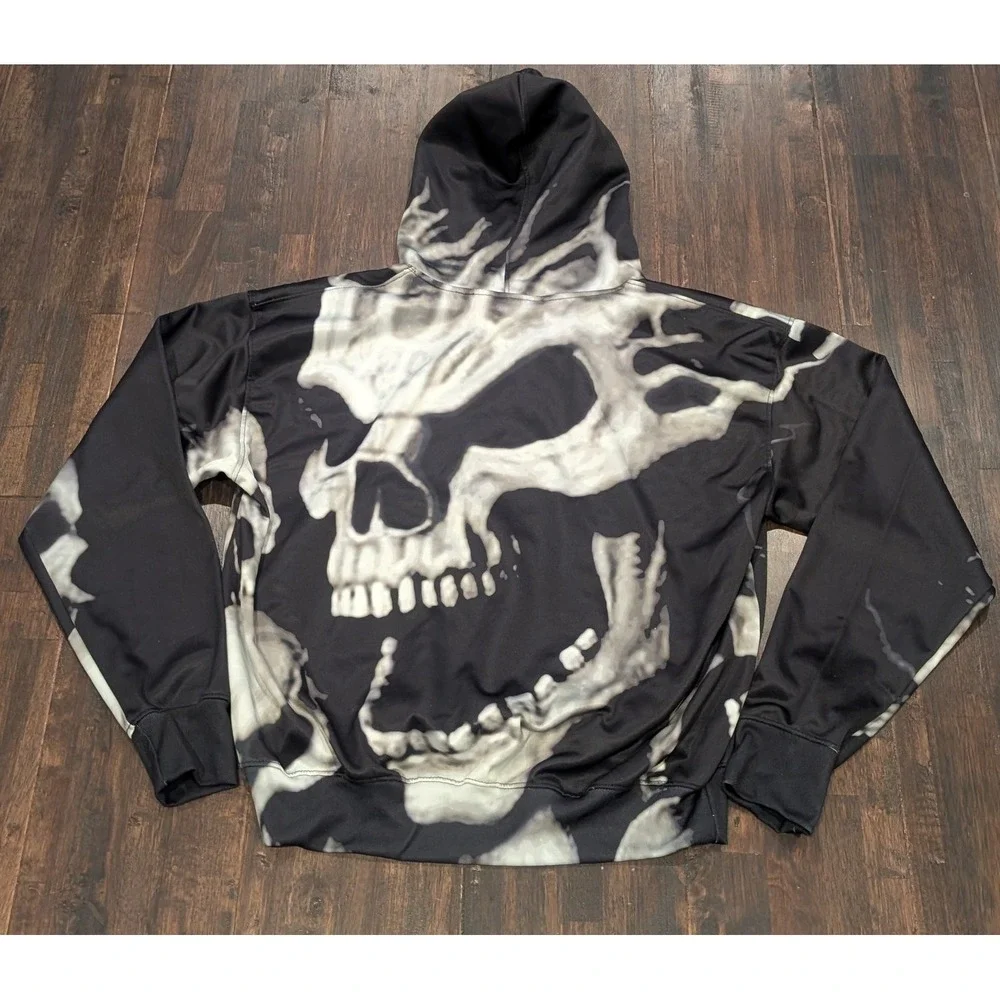 Winner AOP Monochrome Skull‎ Hoodie Mens Large Black Pullover Streetwear Scuba